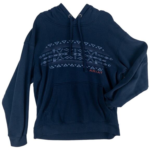 Ariat Hoodie Men’s Medium Pullover Navy Blue Southwest Graphic Logo Ranch Fleece - Picture 1 of 13